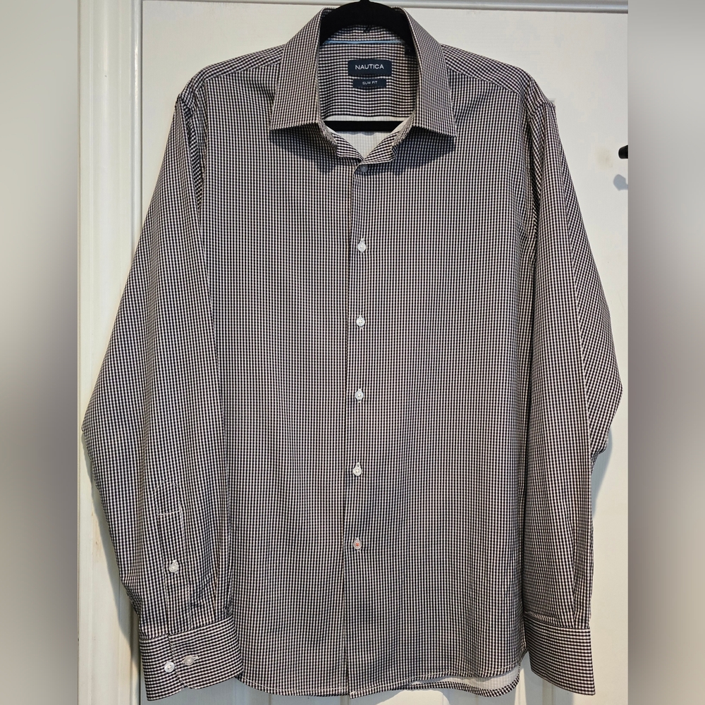 Mens Nautica Blck Wht Chck Slim Fit Wrnkle Resist Dress Shirt Sz L 16-16.5 34/35